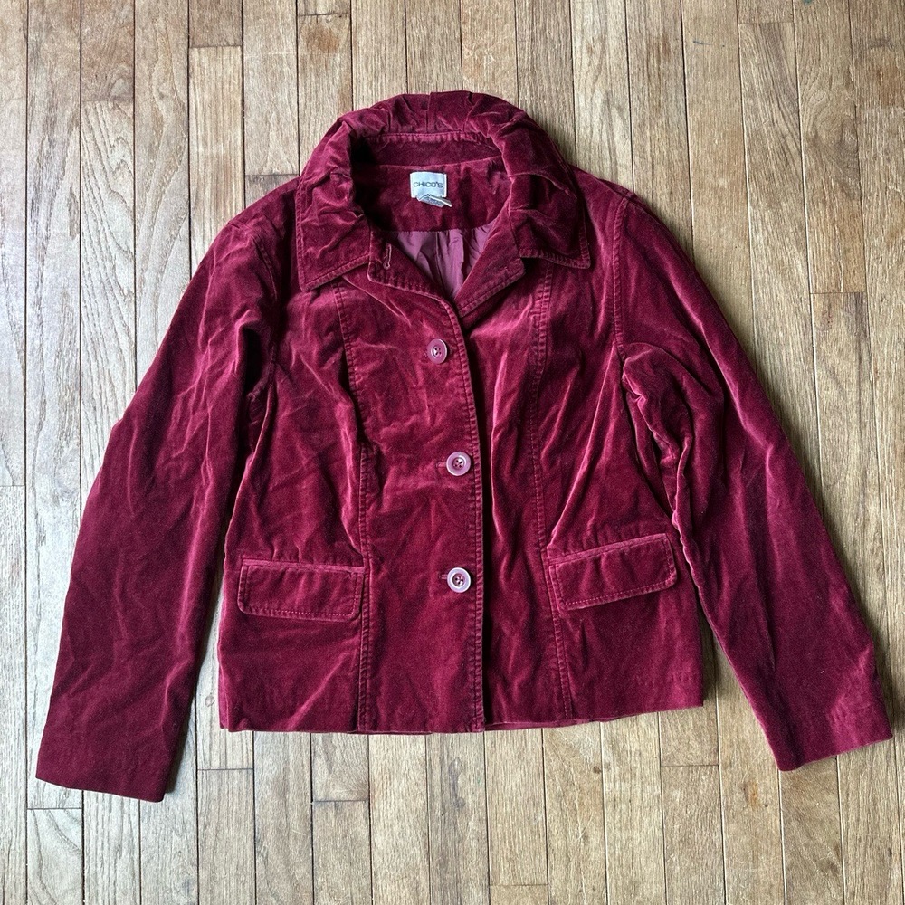 Velvet Blazer Burgundy‎ Chicos Womens Size Medium Button-Front Classic
